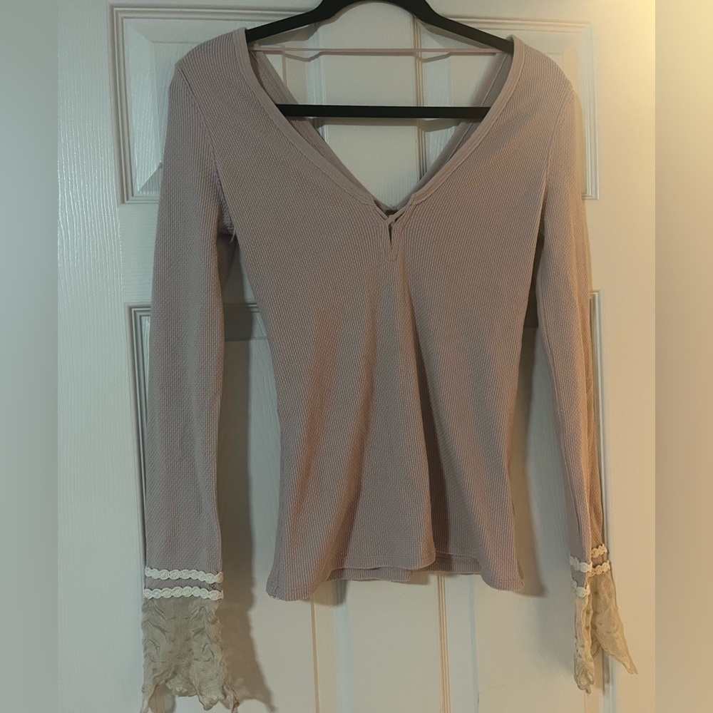 Free People Last Dance Thermal Lace Cuff Top small Blush Pink long sleeved shirt - Picture 2 of 2